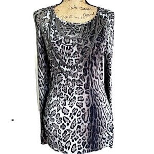 AMBIENTE Gray Black Cheetah Print Top SZ 8 Rhinestone Chains Embellished Blouse